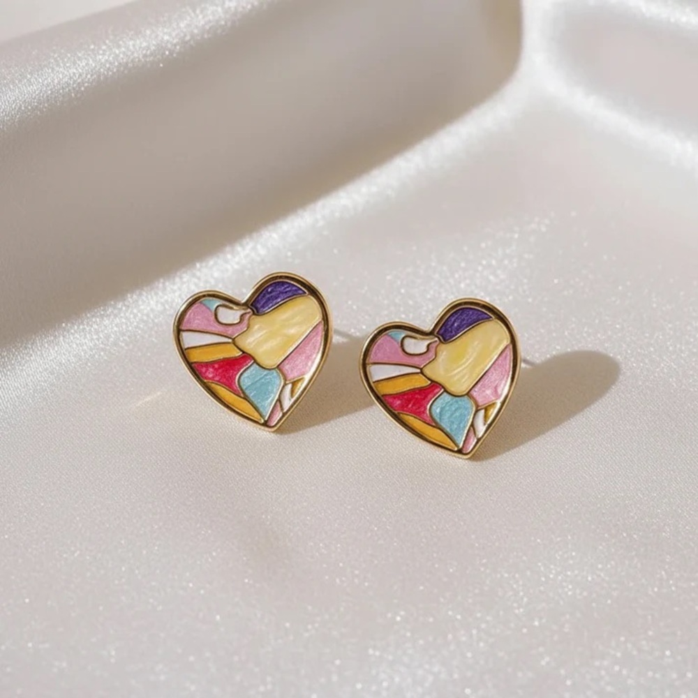 Gold Heart Mosaic Enamel Stud Earrings - Pastel Multicolor